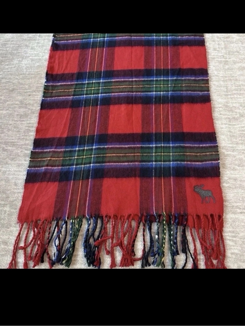 Abercrombie & Fitch moose logo Plaid Scarf Tartan Fringe Neck Wrap Red Blue